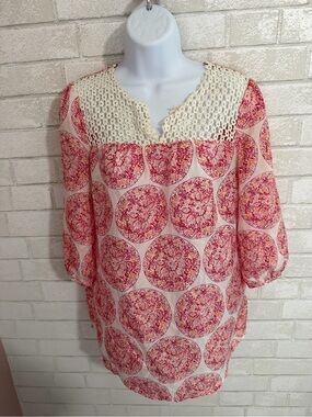 Calypso St. Barth Cream & Red Crochet Yoke Medallion Blouse Size Small #3093